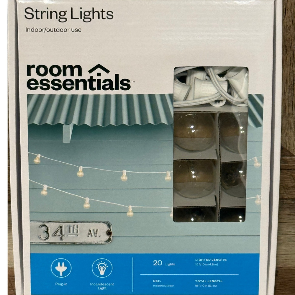 Room Essentials Indoor/Outdoor String 20 Bulb Plug-In Lights - 15ft 10in - NEW